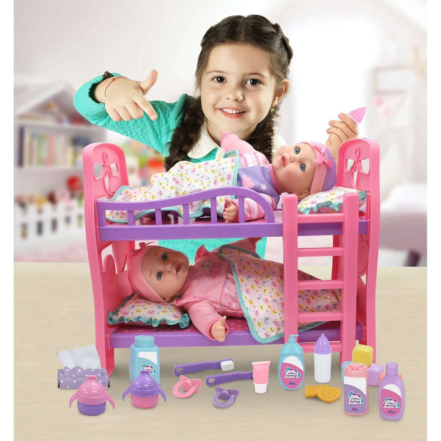 זוג בובות 30 סמ עם מיטת קומותיים ואביזרים - Image 3
